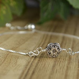 Sterling Silver Flower Charm and Bolo Bracelet - Adjustable and Interchangeable Charm Bracelet