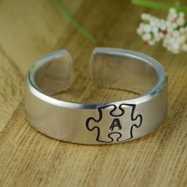 Any Initial Puzzle Piece Adjustable Ring- Hand Stamped Aluminum Letter Ring - Handmade to Custom Size (full, .25, .5, .75)