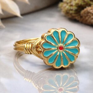 Teal Daisy Ring: Sterling Silver or Gold Filled Wire Wrapped Enamel Bead - Custom Size