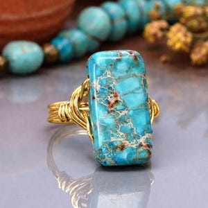 Turquoise Variscite Ring: Sterling Silver or Gold Filled Wire Wrapped Blue Rectangular Stone - Custom Size