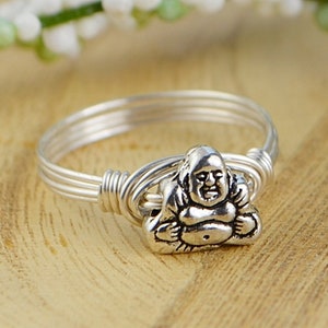 Buddha Ring - Sterling Silver, 14k Gold Filled Wire Wrapped Ring with Pewter Bead - Customizable Sizes