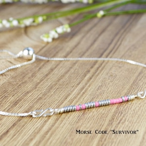 Morse Code SURVIVOR Adjustable Sterling Silver Interchangeable Charm/Link Bolo Bracelet- Charm, Bracelet Chain, or Both