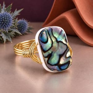 Abalone Ring: Sterling Silver or Gold Filled Wire Wrapped Oval Paua Shell Bead- Custom Size