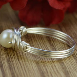 Freshwater Pearl Wrapped Ring Sterling Silver, Yellow or Rose Gold Filled Wire/ White Pearl-Any Size 4 5 6 7 8 9 10 11 12 13 14 1/4 1/2 3/4 image 5