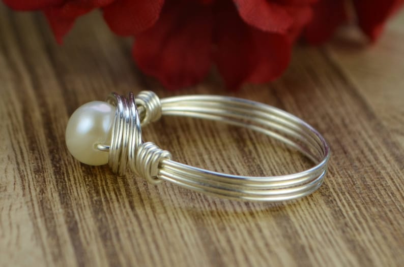 Freshwater Pearl Wrapped Ring Sterling Silver, Yellow or Rose Gold Filled Wire/ White Pearl-Any Size 4 5 6 7 8 9 10 11 12 13 14 1/4 1/2 3/4 image 5