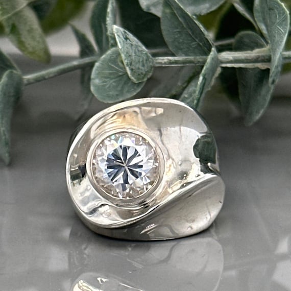 Sterling Silver Statement Ring with Round Faceted… - image 1