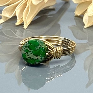 Green Imperial Jasper Rectangular Ring- Sterling Silver, Yellow or Rose Gold Filled Wire Wrapped Gemstone-Size 4 5 6 7 8 9 10 11 12 13 14