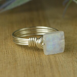 Rainbow Moonstone Ring: Sterling Silver or Gold Filled Wire Wrapped Square Faceted Gemstone - Custom Size image 8