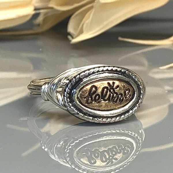 Believe Word Ring - Sterling Silver, 14k Yellow or Rose Gold Filled Wire Wrapped- Custom Size (full, .25, .5, .75)