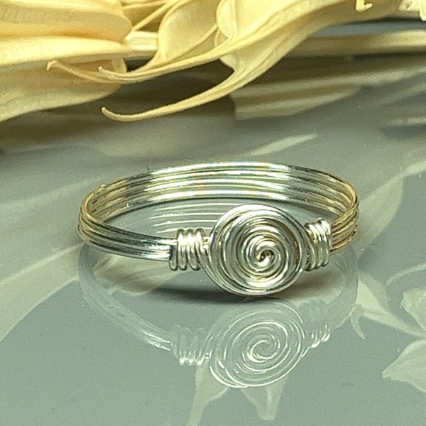 Wire Wrapped Ring- Sterling Silver, Yellow or Rose Gold Filled Wire with Dainty Rosette Swirl - Handmade to Custom Size (full, .25, .5, .75)