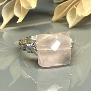 Rose Quartz Ring- Sterling Silver, 14k Yellow or Rose Gold Filled Wire Wrapped Ring with Square Gemstone -Custom Size (full, .25, .5, .75)