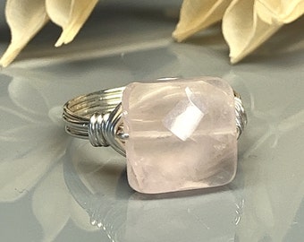 Rose Quartz Ring- Sterling Silver, 14k Yellow or Rose Gold Filled Wire Wrapped Ring with Square Gemstone -Custom Size (full, .25, .5, .75)