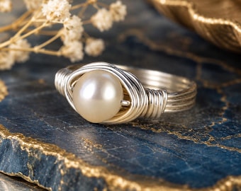 White Pearl Ring: Sterling Silver or Gold Filled Wire Wrapped Freshwater Pearl - Custom Size