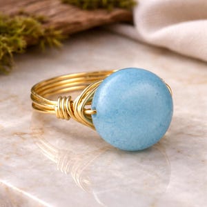 Round Blue Jade Gemstone Ring - Wire Wrapped in Sterling Silver, Yellow, or Rose Gold Filled - Custom Sizes 4-14