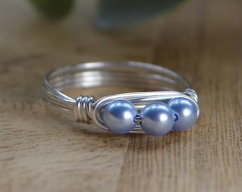 Blue Pearl Ring- Sterling Silver Filled Wire Wrap Ring with Swarovski Crystal Pearls Stacking Band - Size 4 5 6 7 8 9 10 11 12 13 14