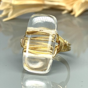 Clear Quartz Statement Ring - Sterling Silver, 14k Yellow or Rose Gold Filled Wire Wrapped Ring - Custom Size (full, .25, .5, .75)