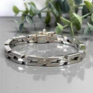 Vintage Thick Rectangular Link Sterling Silver Chain Bracelet - 8mm width - Fits 7&quot; Wrist - Pre-owned