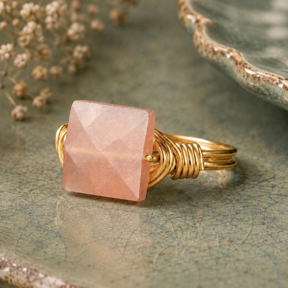 Small Peach Moonstone Gemstone Ring-Sterling Silver, Yellow/ Rose Gold Filled Wire Wrapped Square Faceted-Size 4 5 6 7 8 9 10 11 12 13 14