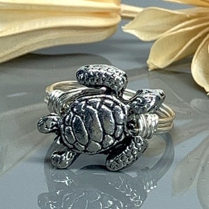 Sea Turtle Ring- Sterling Silver, Yellow and Rose Gold Filled Wire Wrapped with Pewter Bead - Any Size 4 5 6 7 8 9 10 11 12 13 14