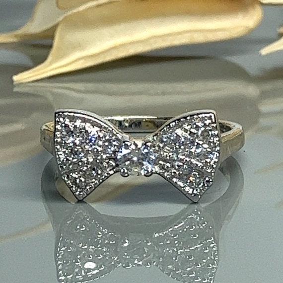 Cubic Zirconia and Sterling Silver Bow Ring- CZ F… - image 1