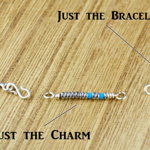 May include: A silver box chain bracelet with S-hooks at both ends and a detachable charm featuring a row of small silver and bright turquoise beads. The image includes the text Just the Bracelet and Just the Charm with pointing lines.