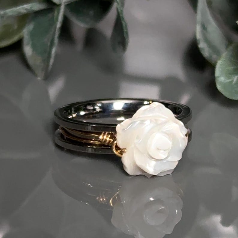 Mother of Pearl Rose Flower Fidget Spinner Ring: Stainless Steel Anxiety/Worry Ring- Custom Size image 9