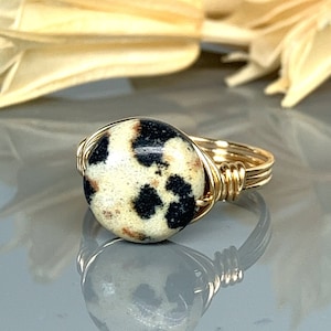 Spotted Dalmation Jasper Ring- Sterling Silver, Yellow/Rose Gold Filled Wire Wrapped Coin Shaped Gemstone- Custom Size (full, .25, .5, .75)