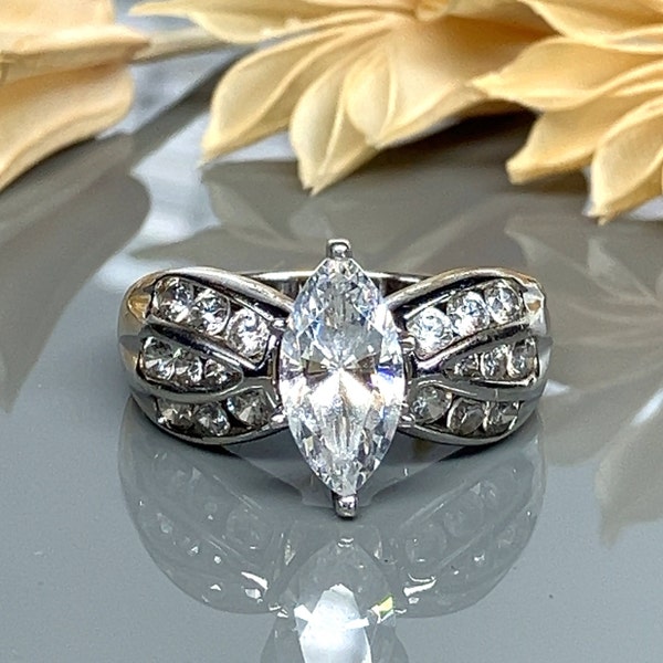 2 Ct Marquise and Round Channel Set CZ Sterling Silver Engagement Ring- Cubic Zirconia Promise Ring - Size 9 -6.56g