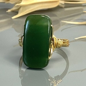 Green Jade Statement Ring-Sterling Silver, 14k Yellow or Rose Gold Filled Wire Wrapped Ring -Custom Size (full, .25, .5, .75)