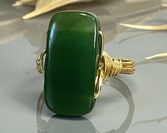 Green Jade Statement Ring-Sterling Silver, 14k Yellow or Rose Gold Filled Wire Wrapped Ring -Custom Size (full, .25, .5, .75)