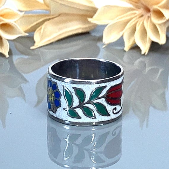 Wide Floral Enamel Sterling Silver Band/ring - Pinky Ring