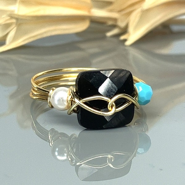 Any Two Birthstone Crystals and Obsidian Infinity Ring-  Silver, Yellow or Rose Gold Filled Wire Wrapped - Custom Size (full, .25, .5, .75)