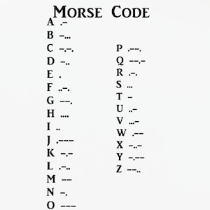 May include: A black and white chart titled Morse Code, displaying the English alphabet letters A through Z in two columns, each followed by its corresponding sequence of dots and dashes used for telegraphic communication.
