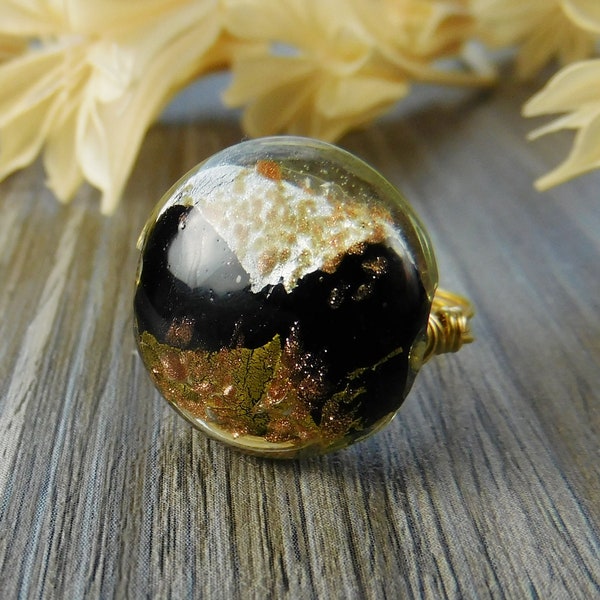 Black Metallic Lampwork Glass  Sterling Silver, Yellow or Rose Gold Filled Wire Wrapped Ring - Size 4 5 6 7 8 9 10 11 12 13 14