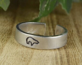 Bear Adjustable Ring- Hand Stamped Aluminum Bear Ring - Any Size 4, 5, 6, 7, 8, 9, 10, 11, 12, 13, 14 half and quarter sizes available