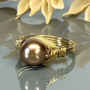 Bronze Pearl Ring- Swarovski Crystal Pearl/Sterling Silver, 14k Yellow or Rose Gold Filled Wire- Size 4 5 6 7 8 9 10 11 12 13 14