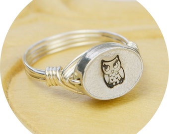 Sweet Owl Ring-Sterling Silver Filled Wire Wrapped Ring with Hand Stamped Pewter Bead- Any Size 4, 5, 6, 7, 8, 9, 10, 11, 12, 13, 14
