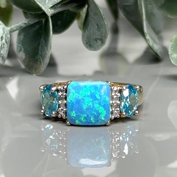 Square Blue Opal Ring: Gold Plated Sterling Silve… - image 1