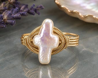 White Pearl Cross Ring: Sterling Silver or Gold Filled Wire Wrapped Freshwater Pearl - Custom Size