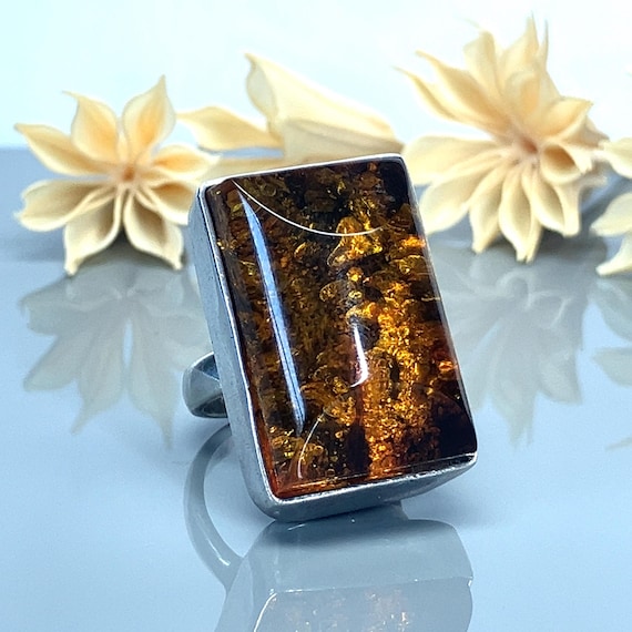 Huge Rectangular Amber Sterling Silver Statement … - image 1