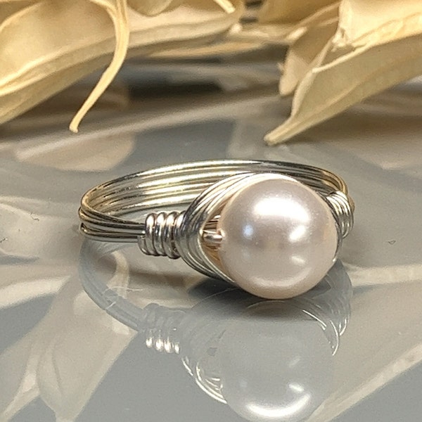 White Pearl Ring- Sterling Silver, 14k Yellow/Rose Gold Filled Wire Wrap/Swarovski Crystal Pearl Custom Size (full, .25, .5, .75)