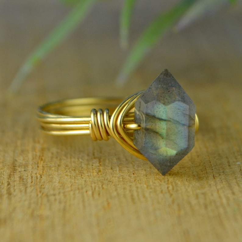 Size 4 5 6 7 8 9 10 11 12 13 14 Double Terminated Labradorite Gemstone Ring-Sterling Silver Yellow Rose Gold Filled Wire Wrapped