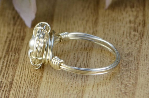 White Pearl Birds Nest Ring: Sterling Silver or Gold Filled Wire