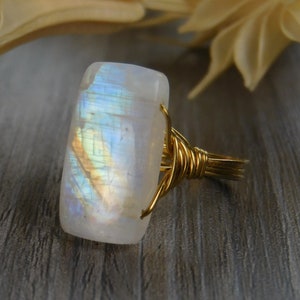 Rainbow Moonstone Statement Ring-Sterling Silver, 14k Yellow or Rose Gold Filled Wire Wrapped Ring - Any Size 4 5 6 7 8 9 10 11 12 13 14