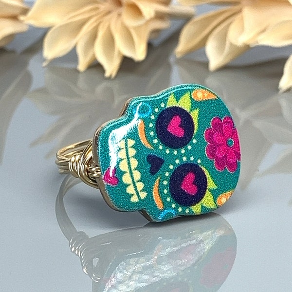 Enamel Sugar Skull Ring- Sterling Silver, Yellow or Rose Gold Filled Wire & Gold Tone Zinc Alloy Bead -Size 4 5 6 7 8 9 10 11 12 13 14