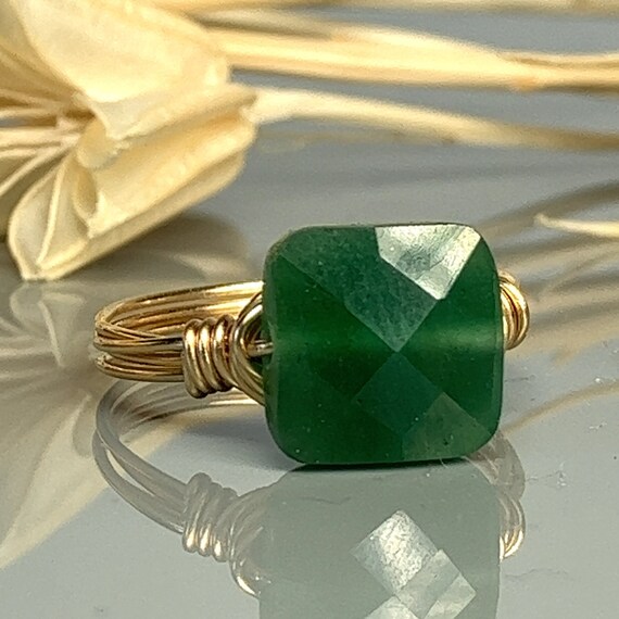 Green Jade Ring: Faceted Square Gemstone- Sterling Silver or Gold Filled Wire Wrapped - Custom Size