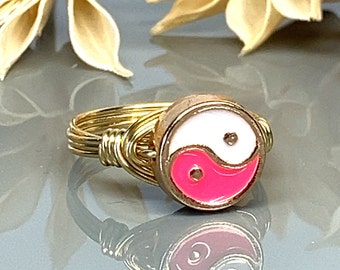 Hot Pink Yin Yang Ring- Sterling Silver, Yellow or Rose Gold Filled Wire & Gold Tone Zinc Alloy Bead - Size 4 5 6 7 8 9 10 11 12 13 14