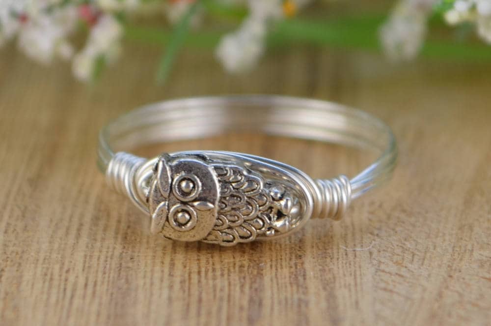 Owl Wire Wrapped Ring- Sterling Silver, 14k Yellow or Rose Gold Filled Wire, Silver Tone Owl Bead- C