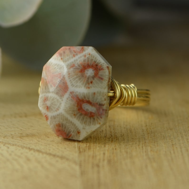 Yellow or Rose Gold Filled Wire Wrapped Gemstone Ring Size 4 5 6 7 8 9 10 11 12 13 14 Pink Fossil Coral Ring- Sterling Silver