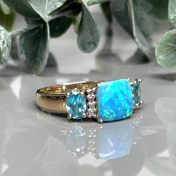 Square Blue Opal Ring: Gold Plated Sterling Silve… - image 2